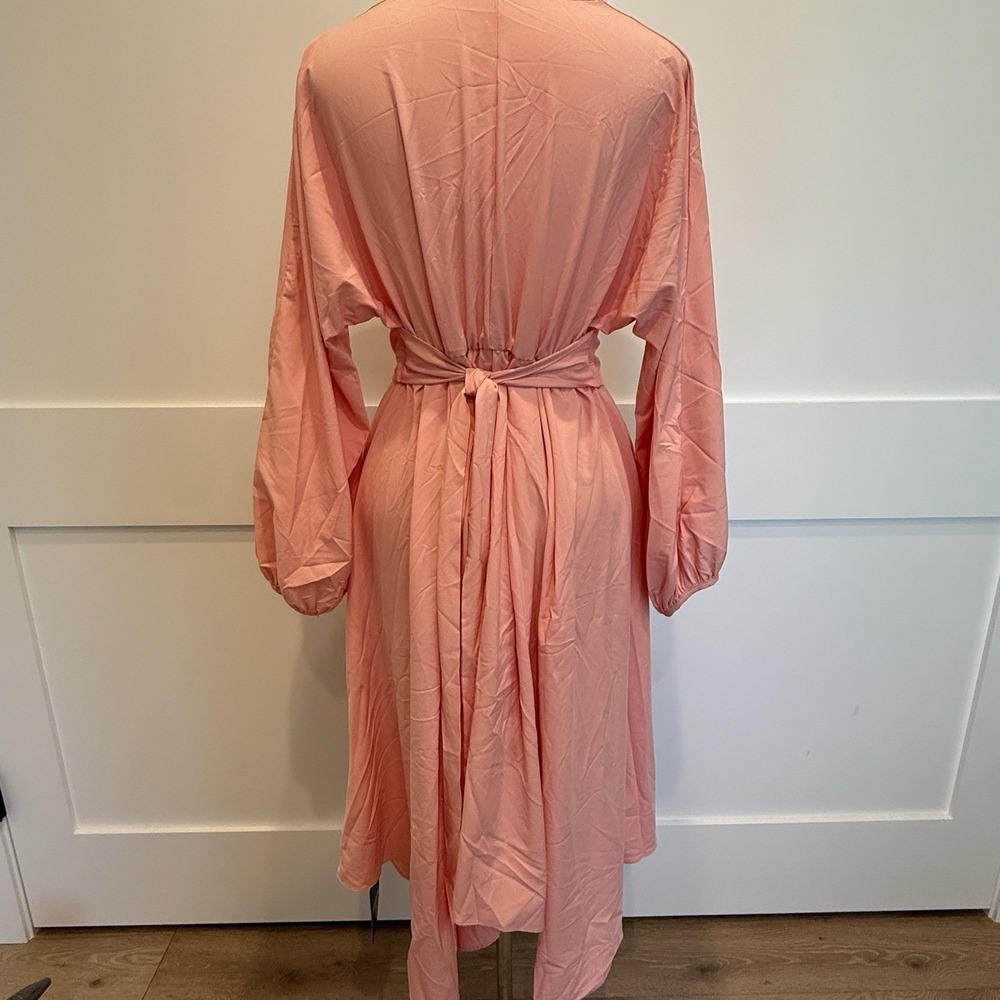 NWT Halara Wrap Midi Dress Coral Pink Long Sleeve Tie Waist Stretch XS - Picture 2 of 6